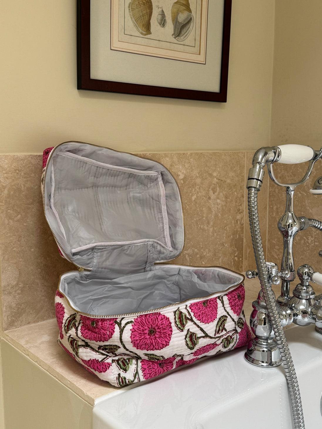 Hand block-printed vanity bag in pink dahlia print, 100% cotton