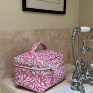 Hand block-printed vanity bag in pink fauna print, 100% cotton