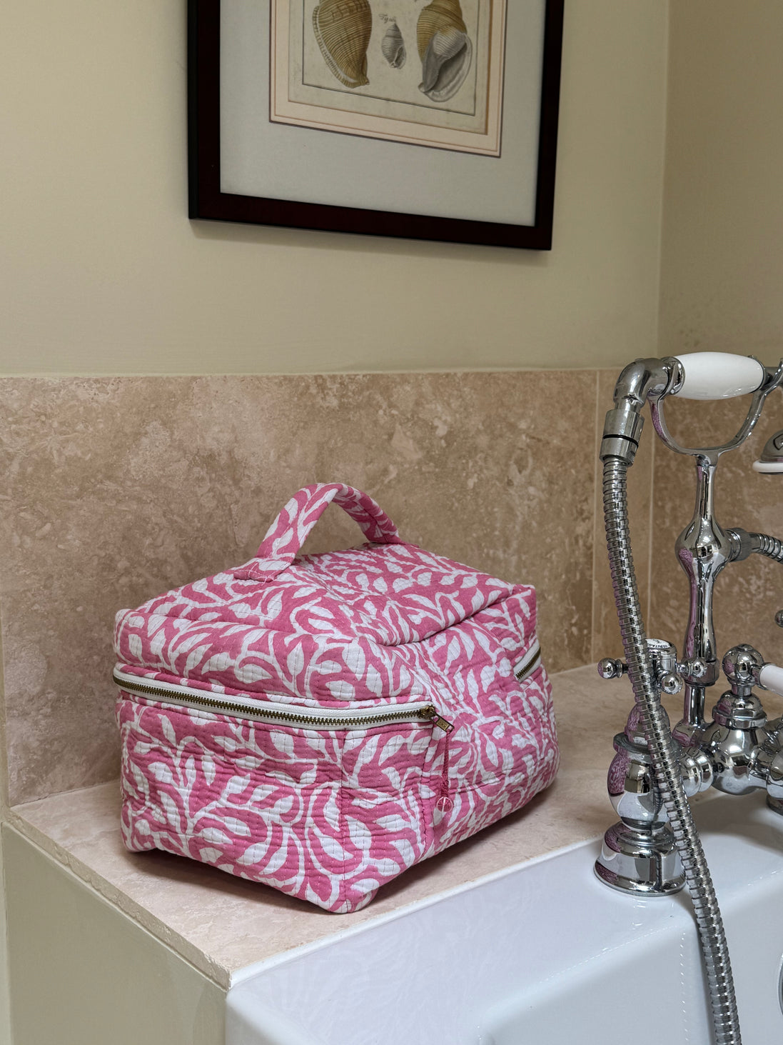 Hand block-printed vanity bag in pink fauna print, 100% cotton