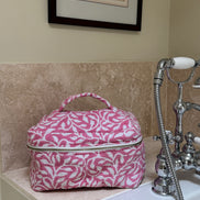Hand block-printed vanity bag in pink fauna print, 100% cotton