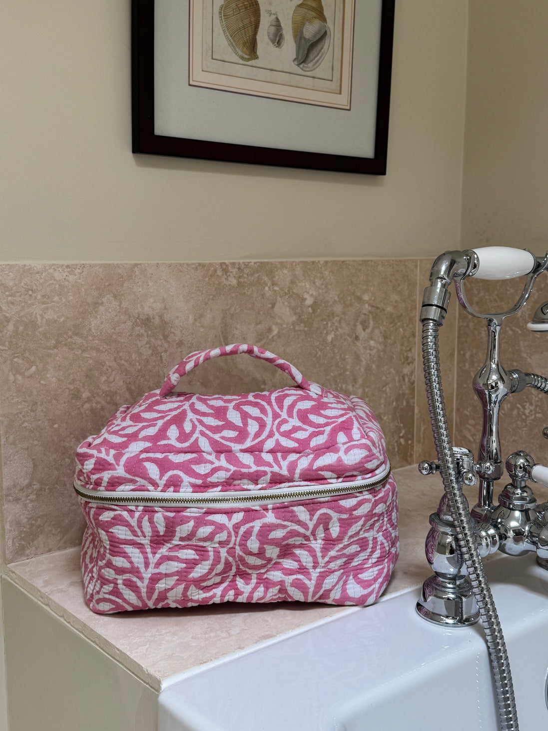 Hand block-printed vanity bag in pink fauna print, 100% cotton