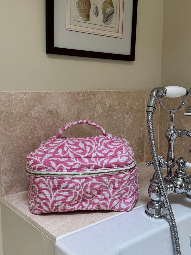 Hand block-printed vanity bag in pink fauna print, 100% cotton