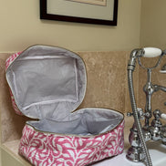 Hand block-printed vanity bag in pink fauna print, 100% cotton