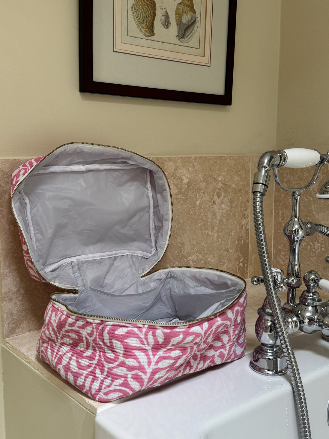 Hand block-printed vanity bag in pink fauna print, 100% cotton