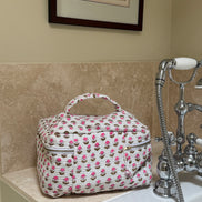 Hand block-printed vanity bag in pink & white Provençal print, 100% cotton