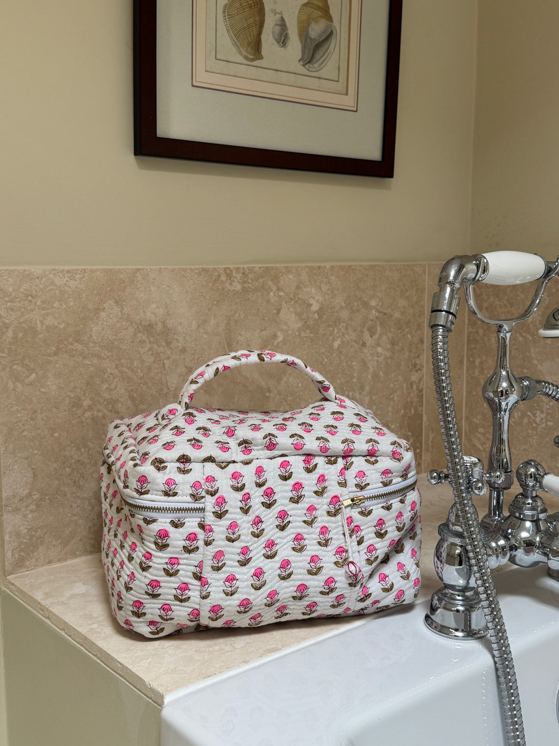 Hand block-printed vanity bag in pink & white Provençal print, 100% cotton