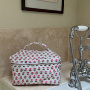 Hand block-printed vanity bag in pink & white Provençal print, 100% cotton