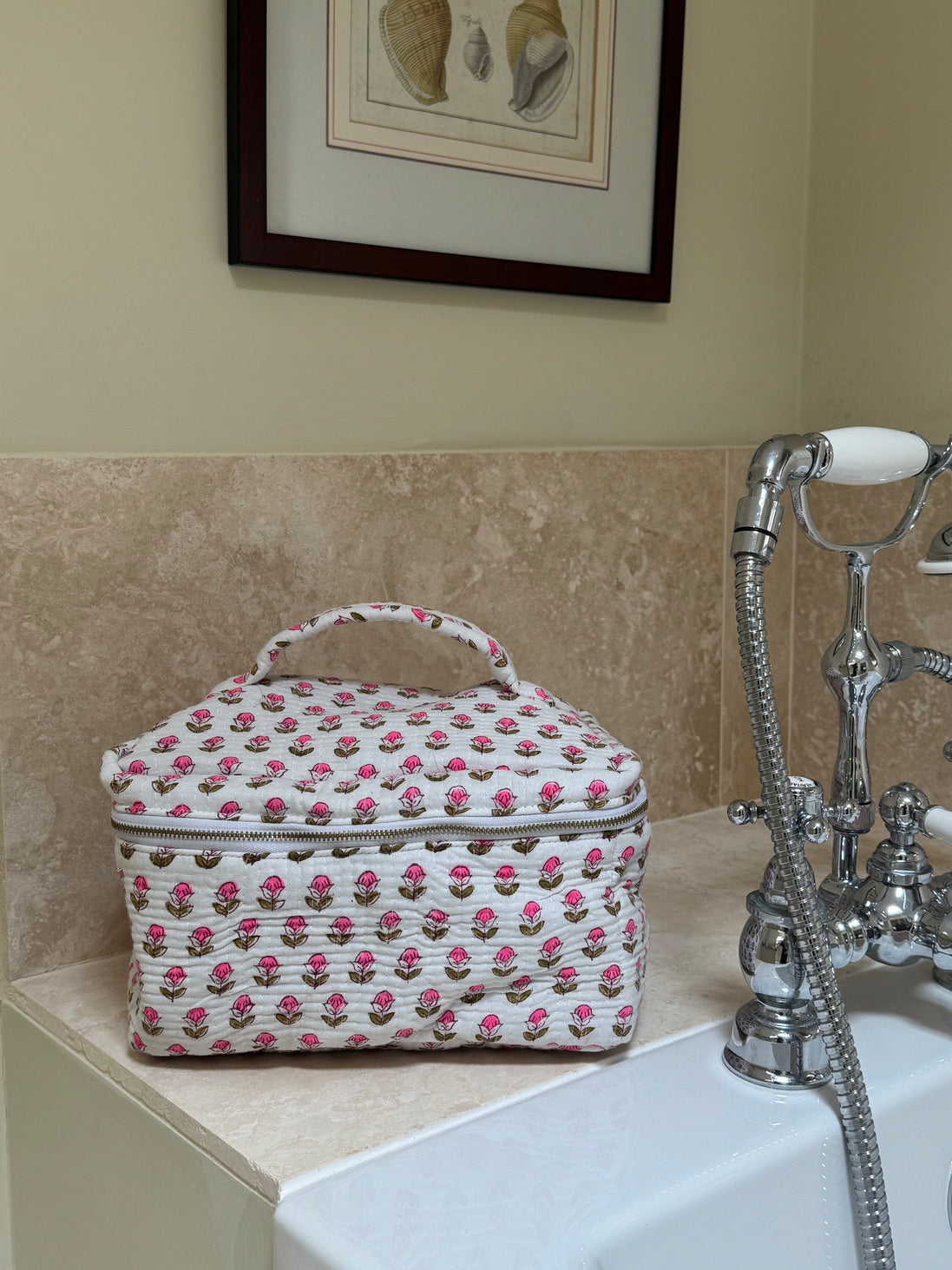 Hand block-printed vanity bag in pink & white Provençal print, 100% cotton