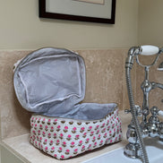 Hand block-printed vanity bag in pink & white Provençal print, 100% cotton