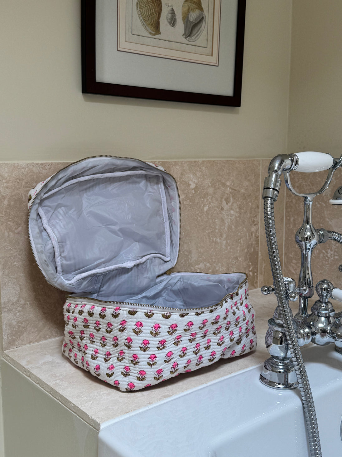 Hand block-printed vanity bag in pink & white Provençal print, 100% cotton
